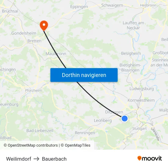 Weilimdorf to Bauerbach map