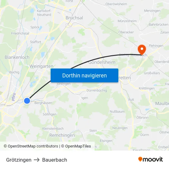 Grötzingen to Bauerbach map