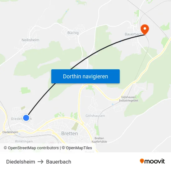 Diedelsheim to Bauerbach map
