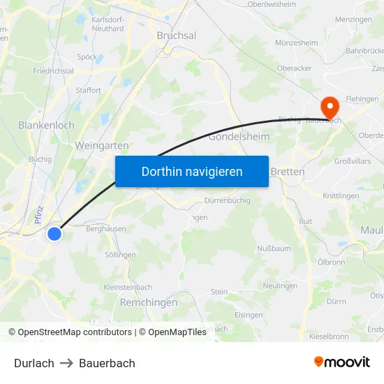 Durlach to Bauerbach map