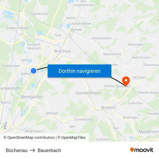 Büchenau to Bauerbach map