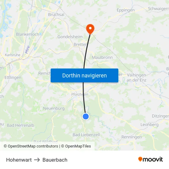 Hohenwart to Bauerbach map
