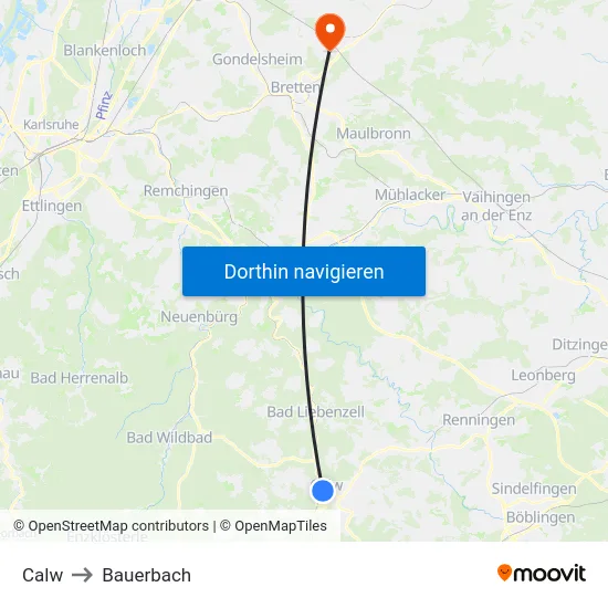 Calw to Bauerbach map