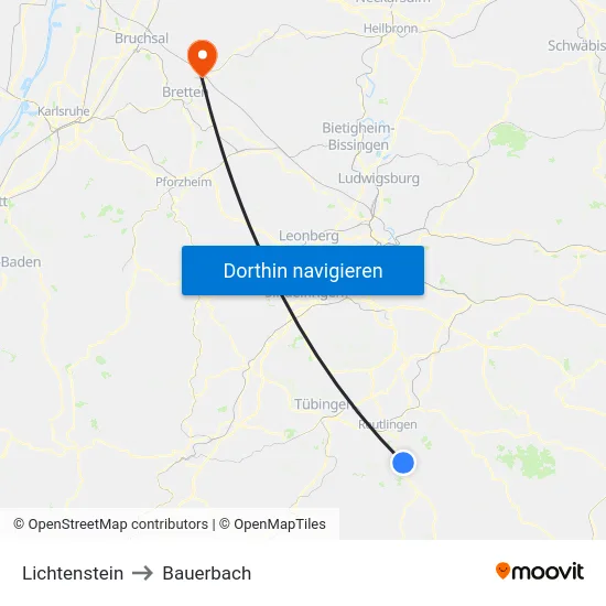 Lichtenstein to Bauerbach map