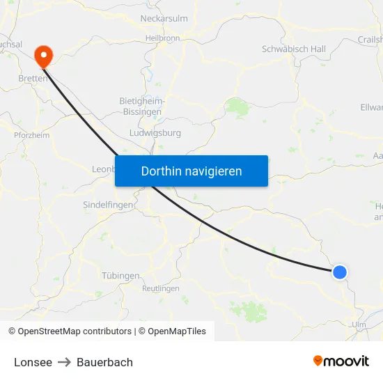 Lonsee to Bauerbach map