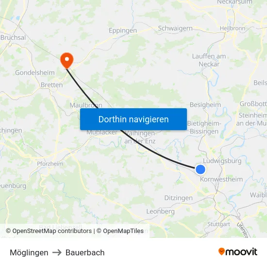 Möglingen to Bauerbach map