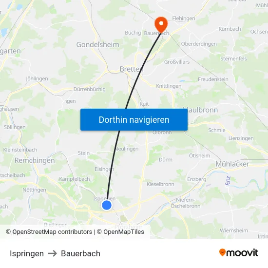 Ispringen to Bauerbach map