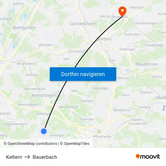 Keltern to Bauerbach map