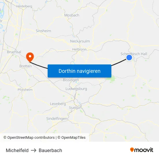 Michelfeld to Bauerbach map