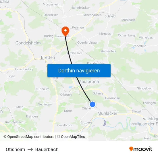 Ötisheim to Bauerbach map
