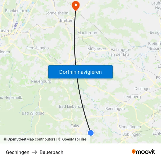 Gechingen to Bauerbach map