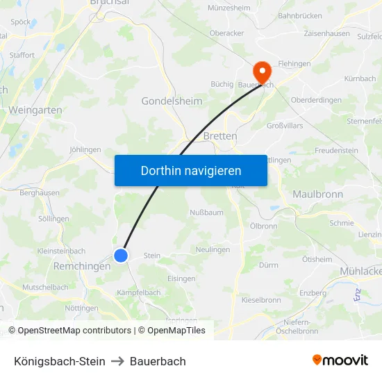 Königsbach-Stein to Bauerbach map