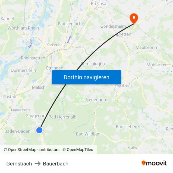Gernsbach to Bauerbach map