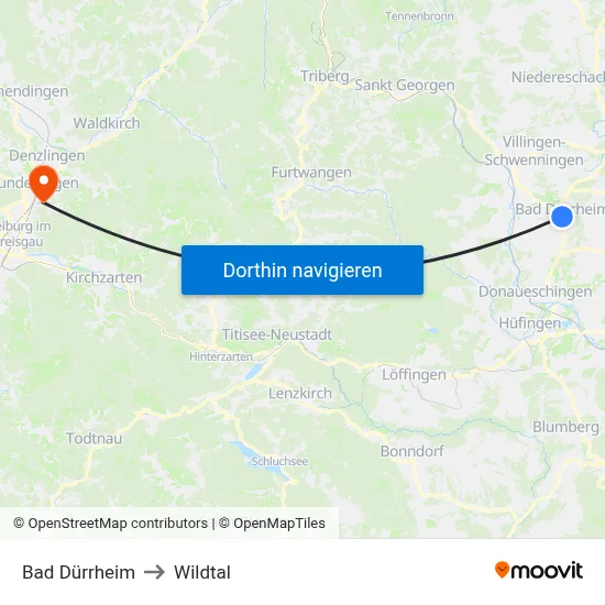 Bad Dürrheim to Wildtal map
