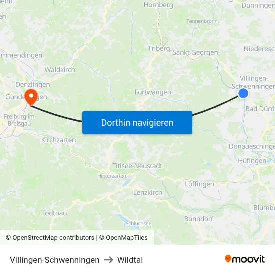 Villingen-Schwenningen to Wildtal map
