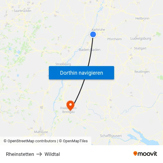 Rheinstetten to Wildtal map