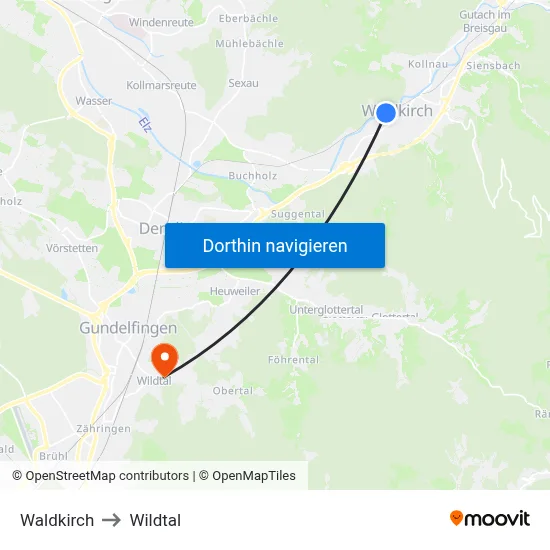 Waldkirch to Wildtal map