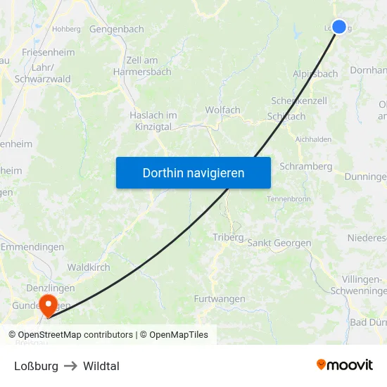 Loßburg to Wildtal map