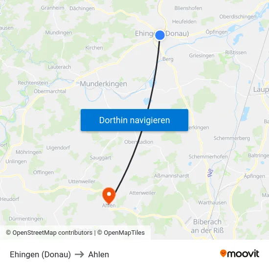 Ehingen (Donau) to Ahlen map