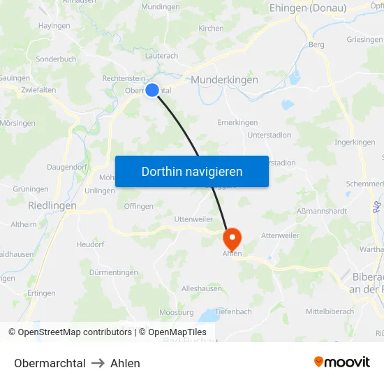 Obermarchtal to Ahlen map
