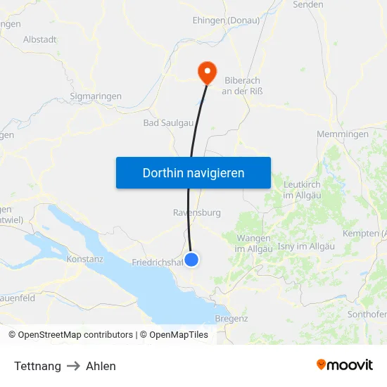 Tettnang to Ahlen map