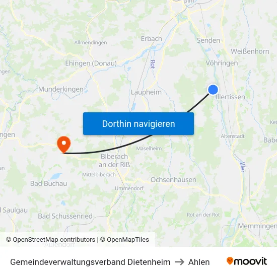 Gemeindeverwaltungsverband Dietenheim to Ahlen map