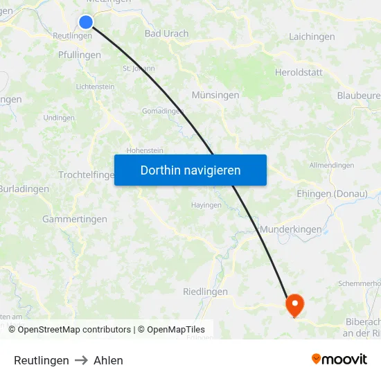 Reutlingen to Ahlen map