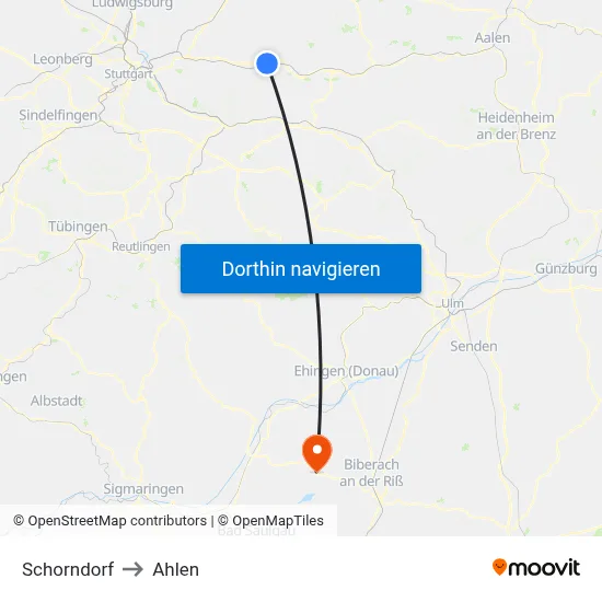 Schorndorf to Ahlen map