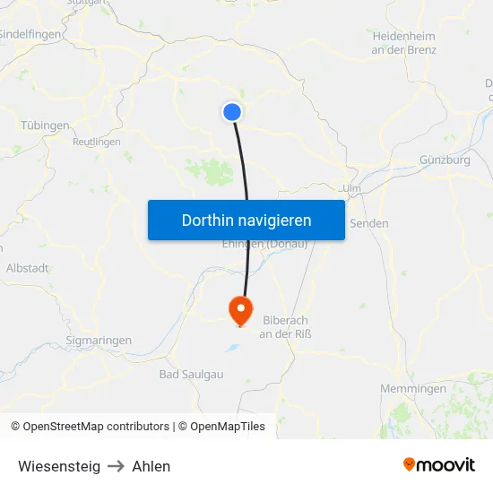 Wiesensteig to Ahlen map
