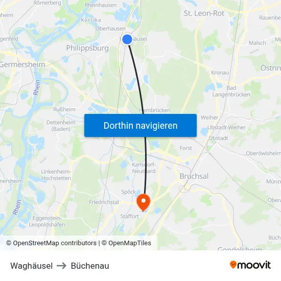 Waghäusel to Büchenau map