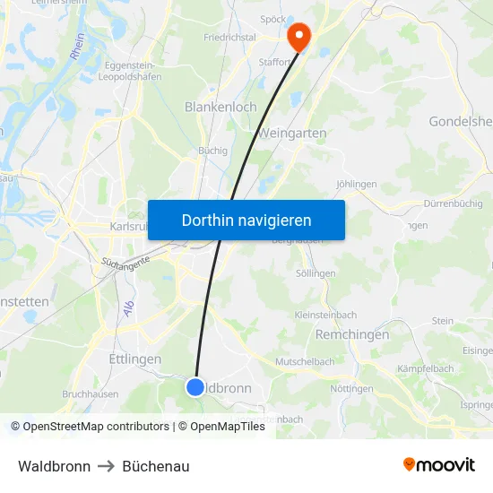 Waldbronn to Büchenau map