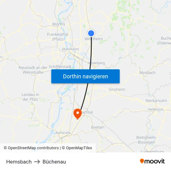 Hemsbach to Büchenau map