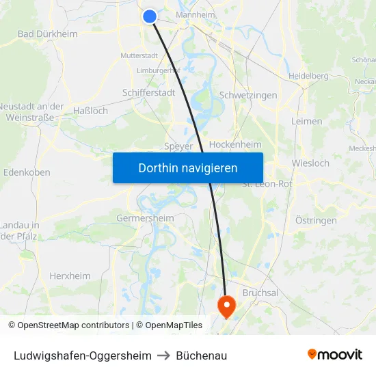 Ludwigshafen-Oggersheim to Büchenau map