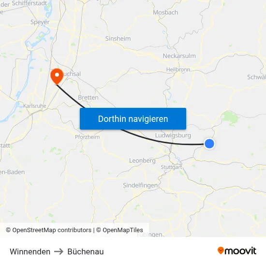 Winnenden to Büchenau map