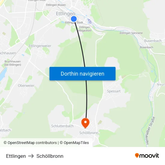 Ettlingen to Schöllbronn map