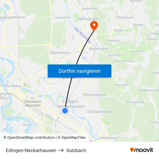 Edingen-Neckarhausen to Sulzbach map