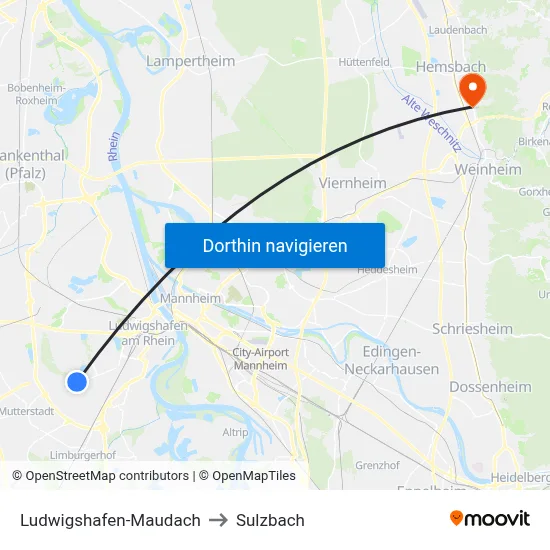 Ludwigshafen-Maudach to Sulzbach map