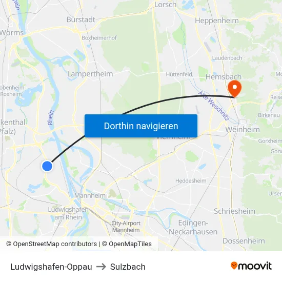 Ludwigshafen-Oppau to Sulzbach map
