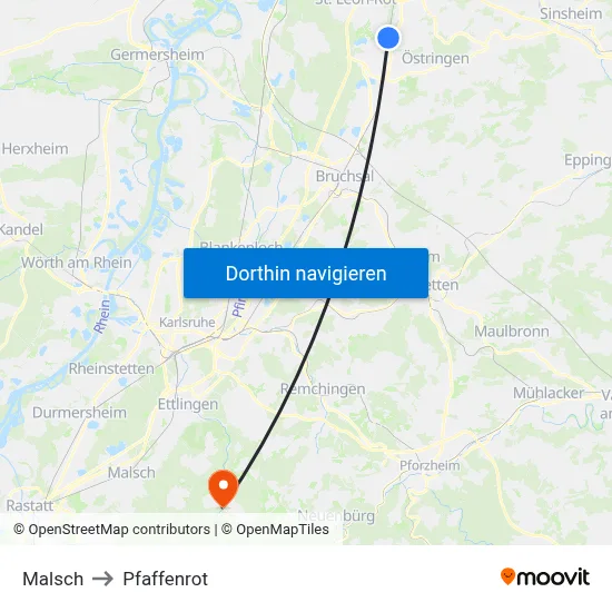 Malsch to Pfaffenrot map