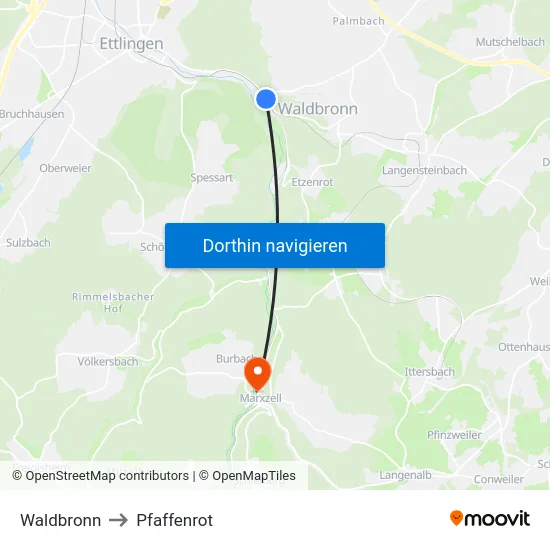 Waldbronn to Pfaffenrot map