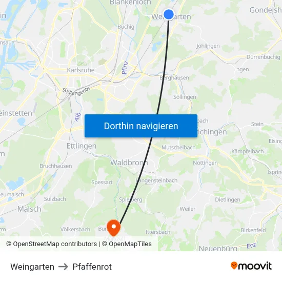 Weingarten to Pfaffenrot map