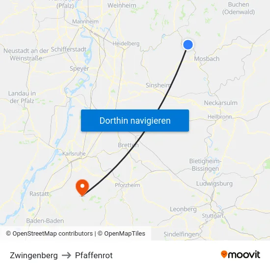 Zwingenberg to Pfaffenrot map