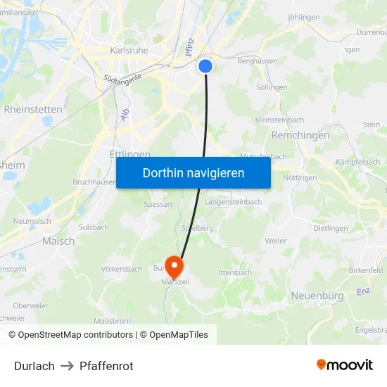 Durlach to Pfaffenrot map