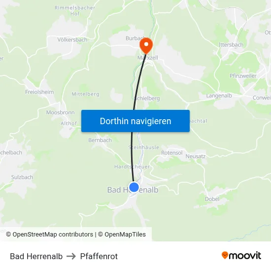 Bad Herrenalb to Pfaffenrot map