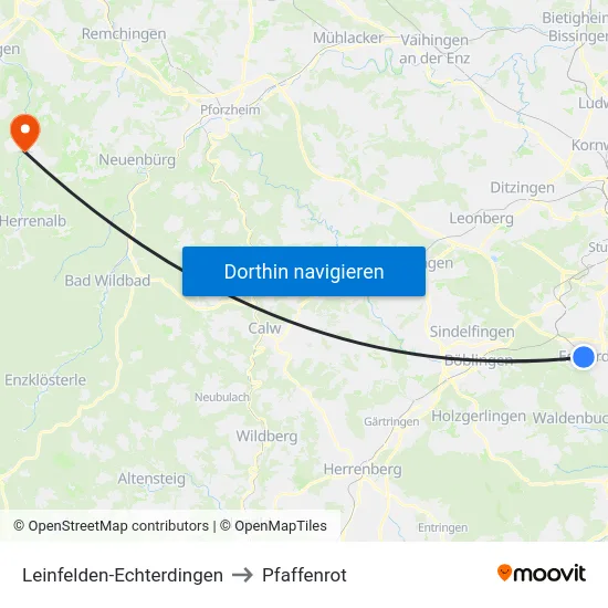 Leinfelden-Echterdingen to Pfaffenrot map