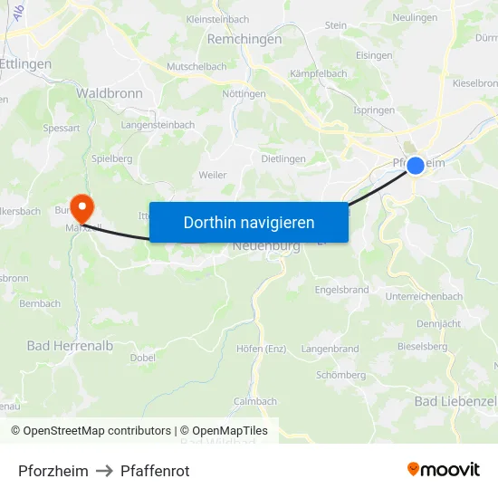 Pforzheim to Pfaffenrot map