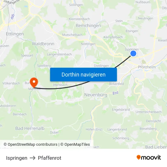 Ispringen to Pfaffenrot map