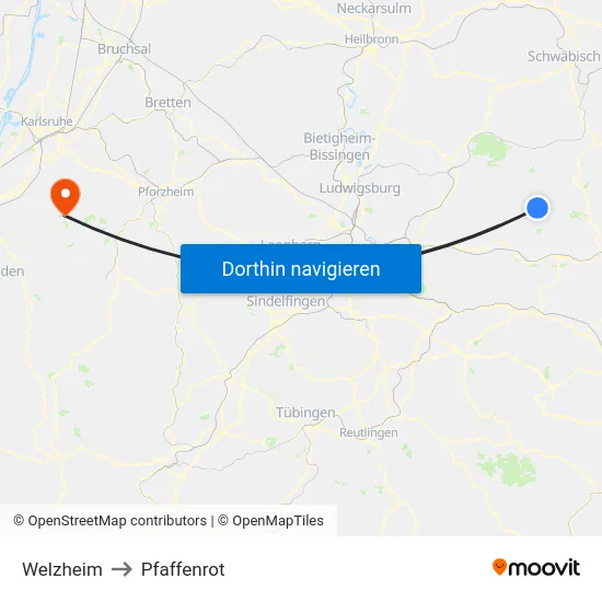 Welzheim to Pfaffenrot map