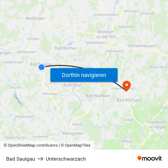 Bad Saulgau to Unterschwarzach map