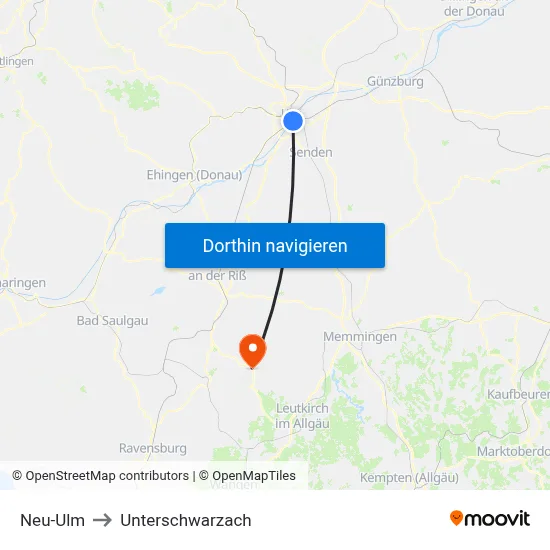 Neu-Ulm to Unterschwarzach map